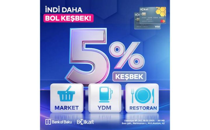 “Bank of Baku”dan bütün market, YDM və restoranlarda 5% KEŞBEK