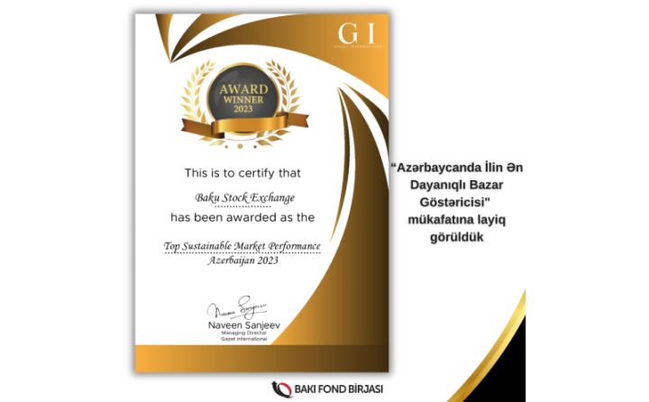 Bakı Fond Birjası “Azərbaycanda İlin Ən Dayanıqlı Bazar Göstəricisi” mükafatına layiq görüldü