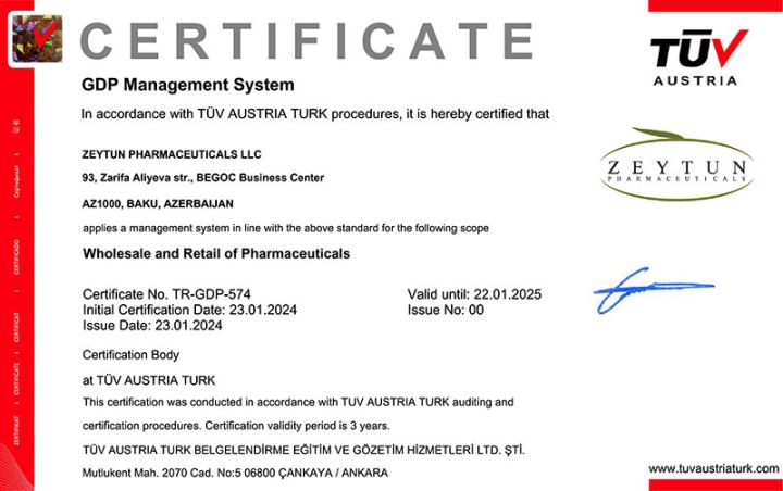 Zeytun Pharmaceuticals şirkəti beynəlxalq sertifikatlara layiq görülüb